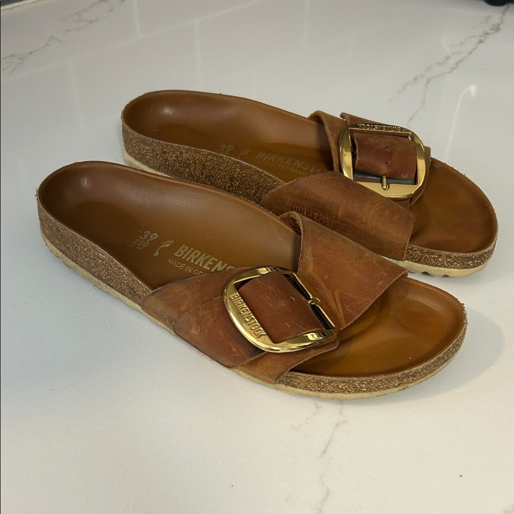 Birkenstock Women's Tan Slide Sandals with Gold Buckle